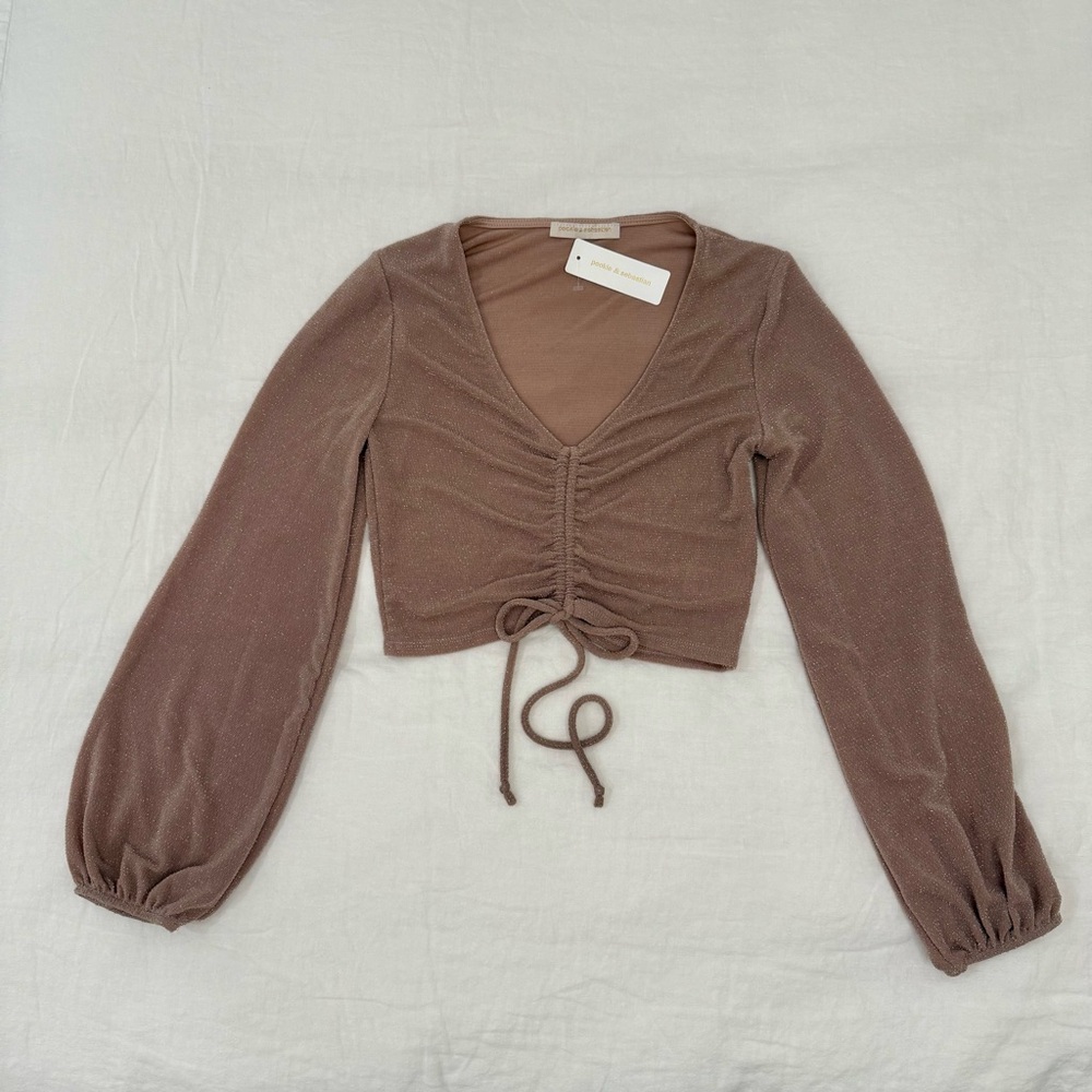 Mauve Ruched Tie Front Crop Blouse